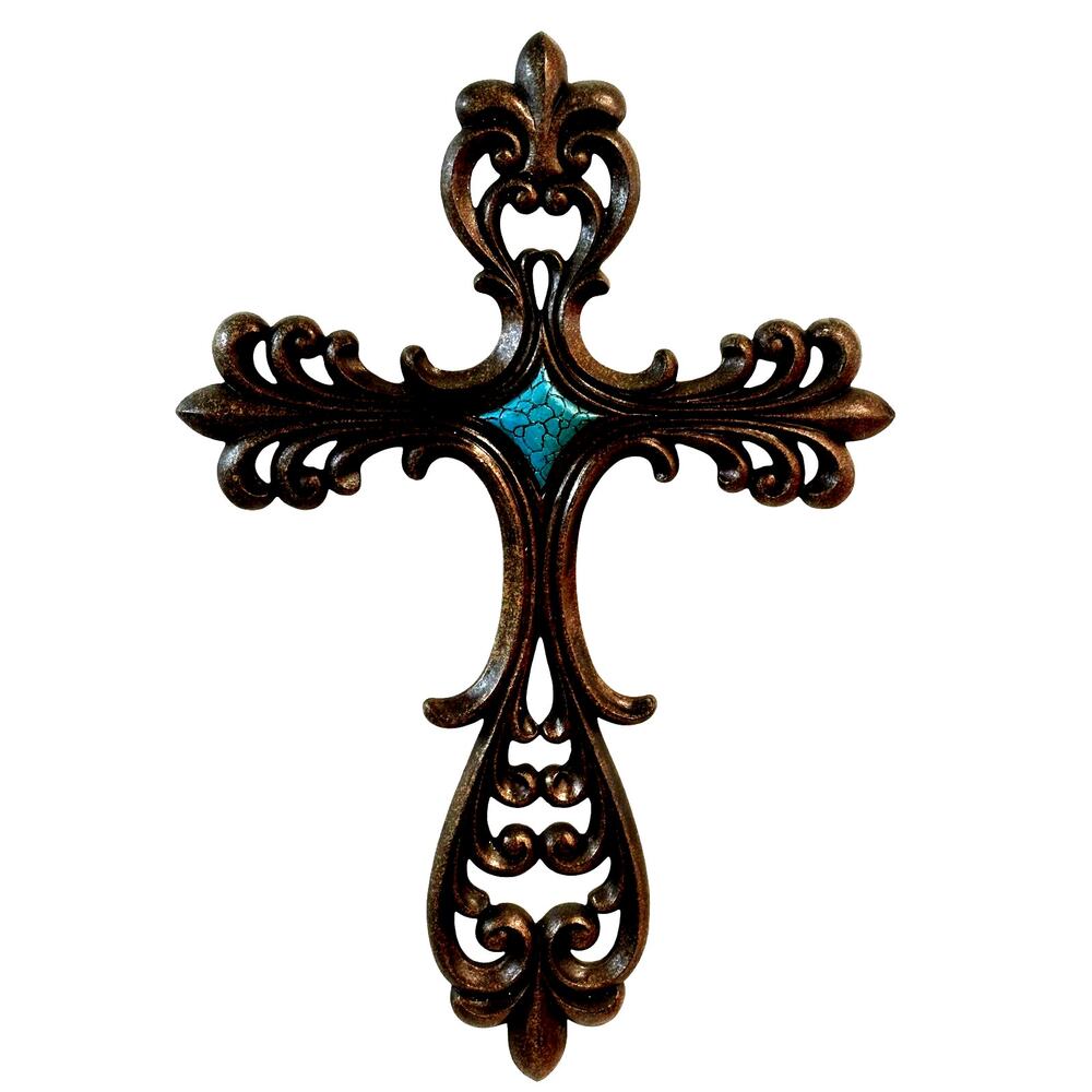 Intricate Design Decorative Large Painted Turquoise Accent 19.5"x13" Wall Cross